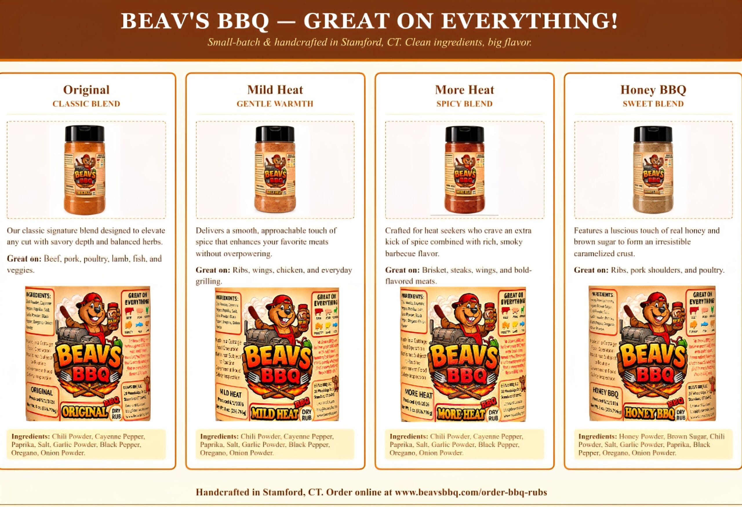 We currently offer four high-quality Beavs dry rub blends, each created to deliver bold, balanced BBQ flavor.
